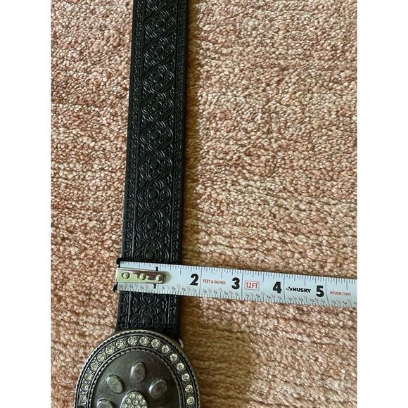 Cache Black Leather Belt L/XL Floral Buckle Italian Leather Canada - Picture 6 of 6